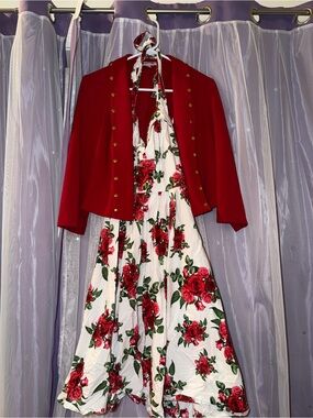 Hell Bunny White Halter Dress with Red Rose Print and Red Cropped Jacket